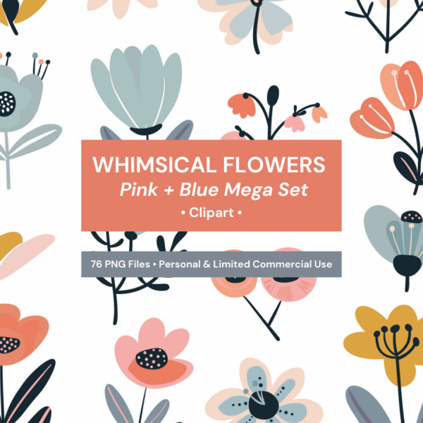 Transform your projects with the Whimsical Flowers Clipart Mega Bundle! Includes 70 high-resolution PNG files in shades of pink and blue