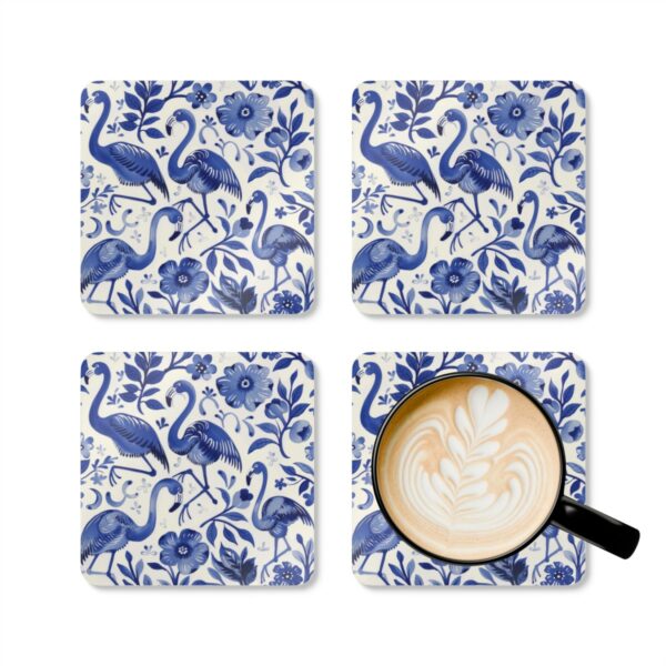 Transform your decor effortlessly with these stunning blue flamingo coasters featuring a classic Holland Delft Blue inspired pattern